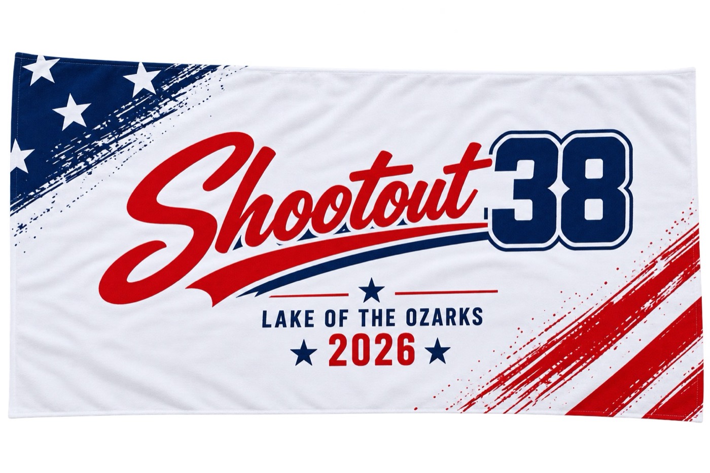 Sublimated Shootout 38 Lake of the Ozarks 2026 event banner in red, white and blue