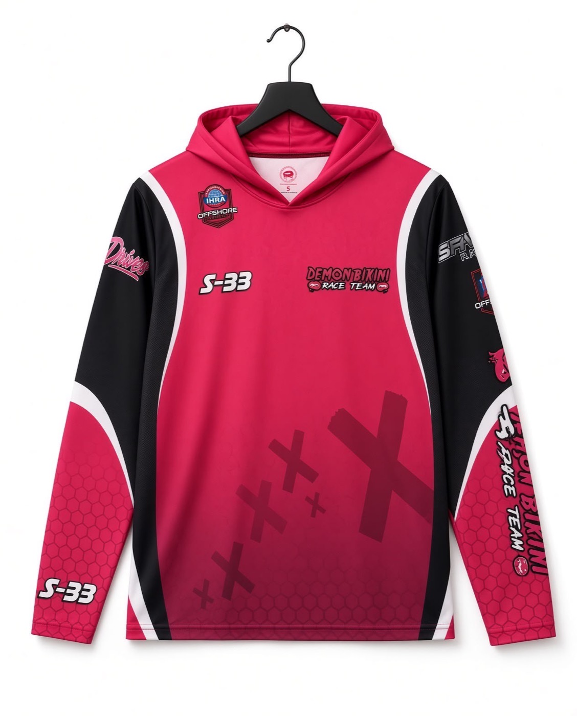 Demon Bikini Race Team S-33 hooded top in pink, black and white on a hanger