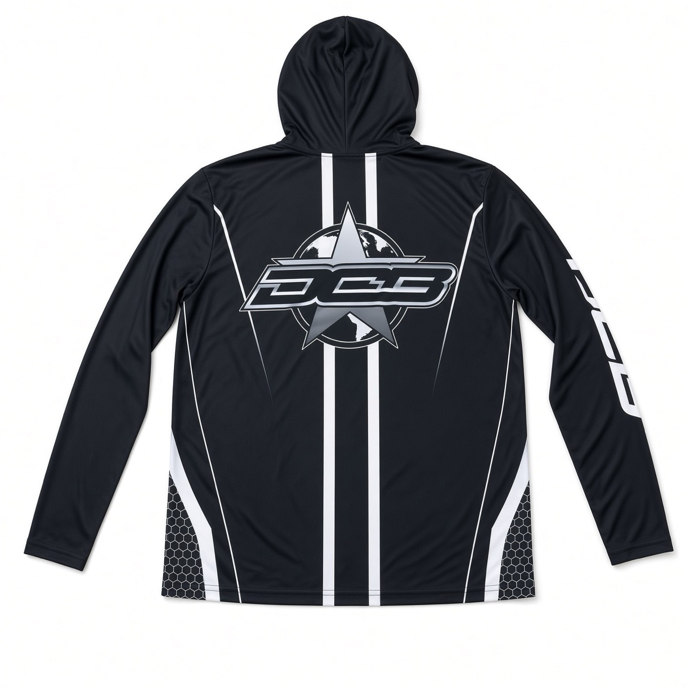 Back of a black DCB hooded long sleeve with the star logo and white sleeve lettering