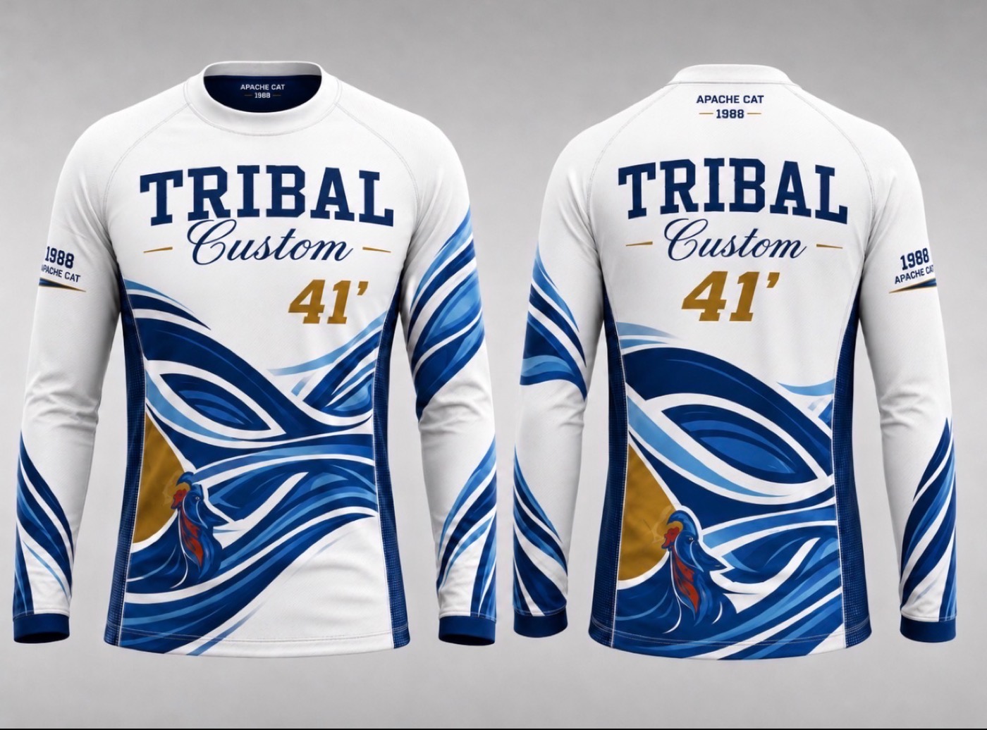 Front and back of a custom sublimated long sleeve shirt - blue and gold artwork running across the chest, sleeves and side panels