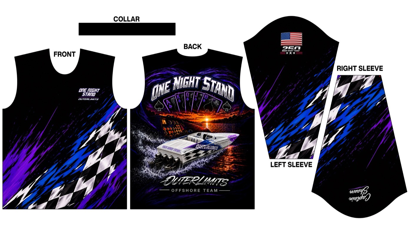 Flat print layout for a One Night Stand offshore team jersey - front, back, collar and both sleeves laid out as separate panels before pressing