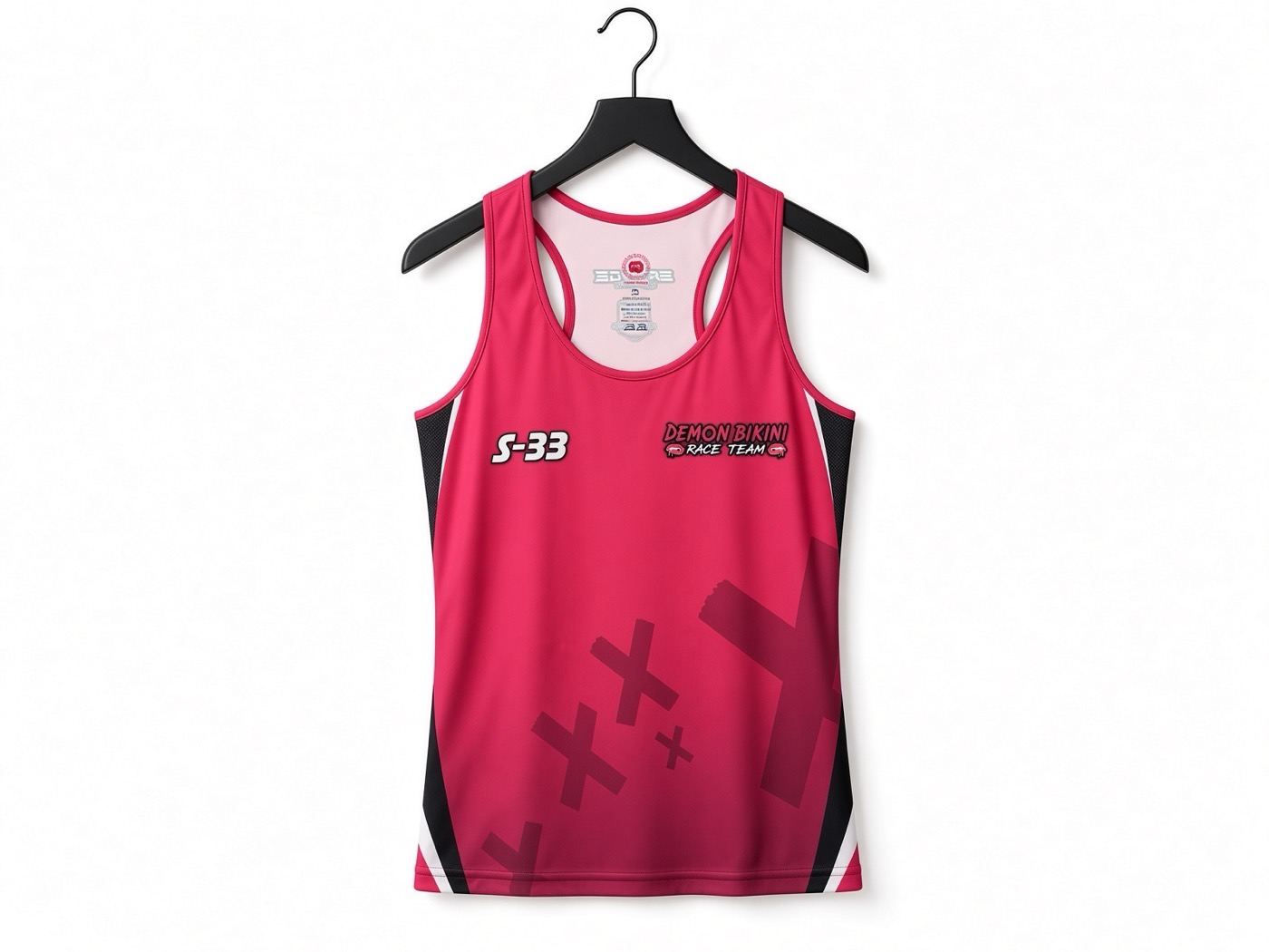 Demon Bikini Race Team S-33 tank top in pink and black on a hanger